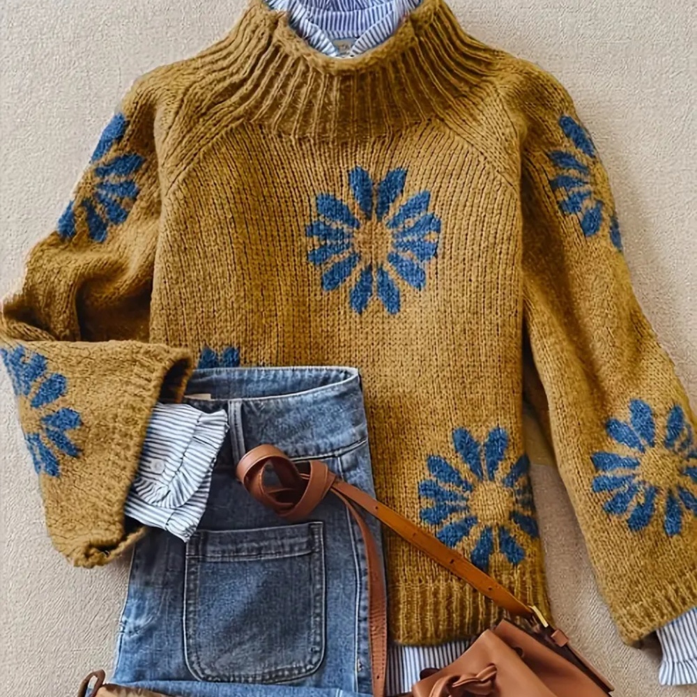 Women's Floral High Pullover Sweater  NEW